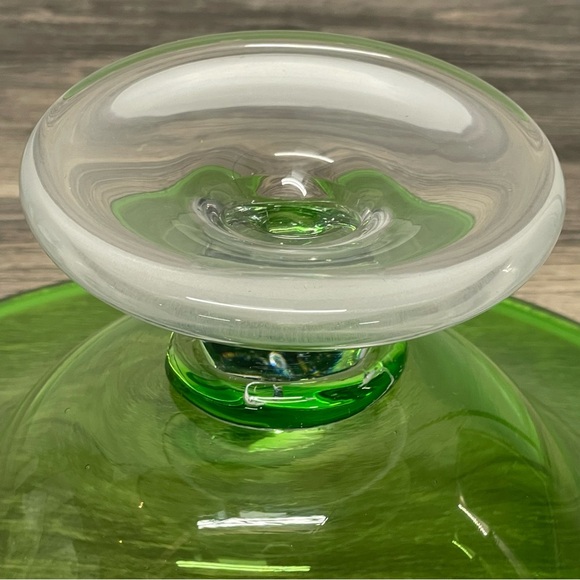 Vintage Mid-Century Italian Empoli Green Glass Tazza Compote Clear Foot Bowl 11" - Picture 8 of 9